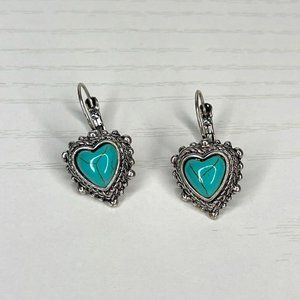 Artificial Turquoise Silvertone Heart Dangle Earrings